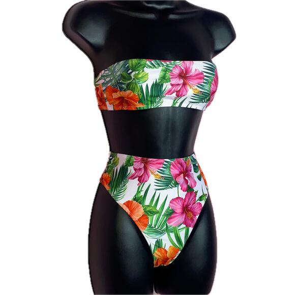 New Small Tropical Retro Floral High‎ Rise Strapless Bandeau Swimsuit Bikini - Picture 1 of 6